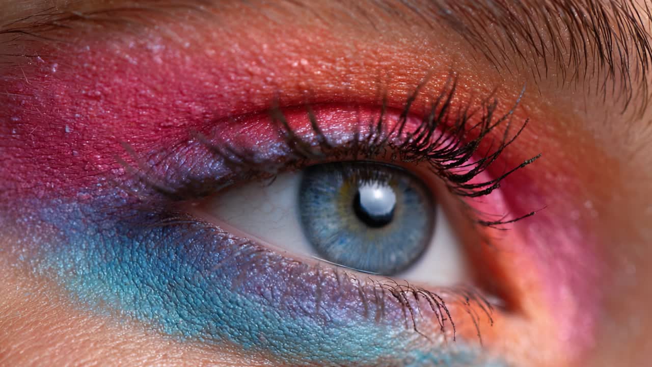 A Close-Up Exploration of Colorful Eye Makeup Featuring Vibrant Hues and Artistic Application Techniques That Captivate the Viewer’s Attention