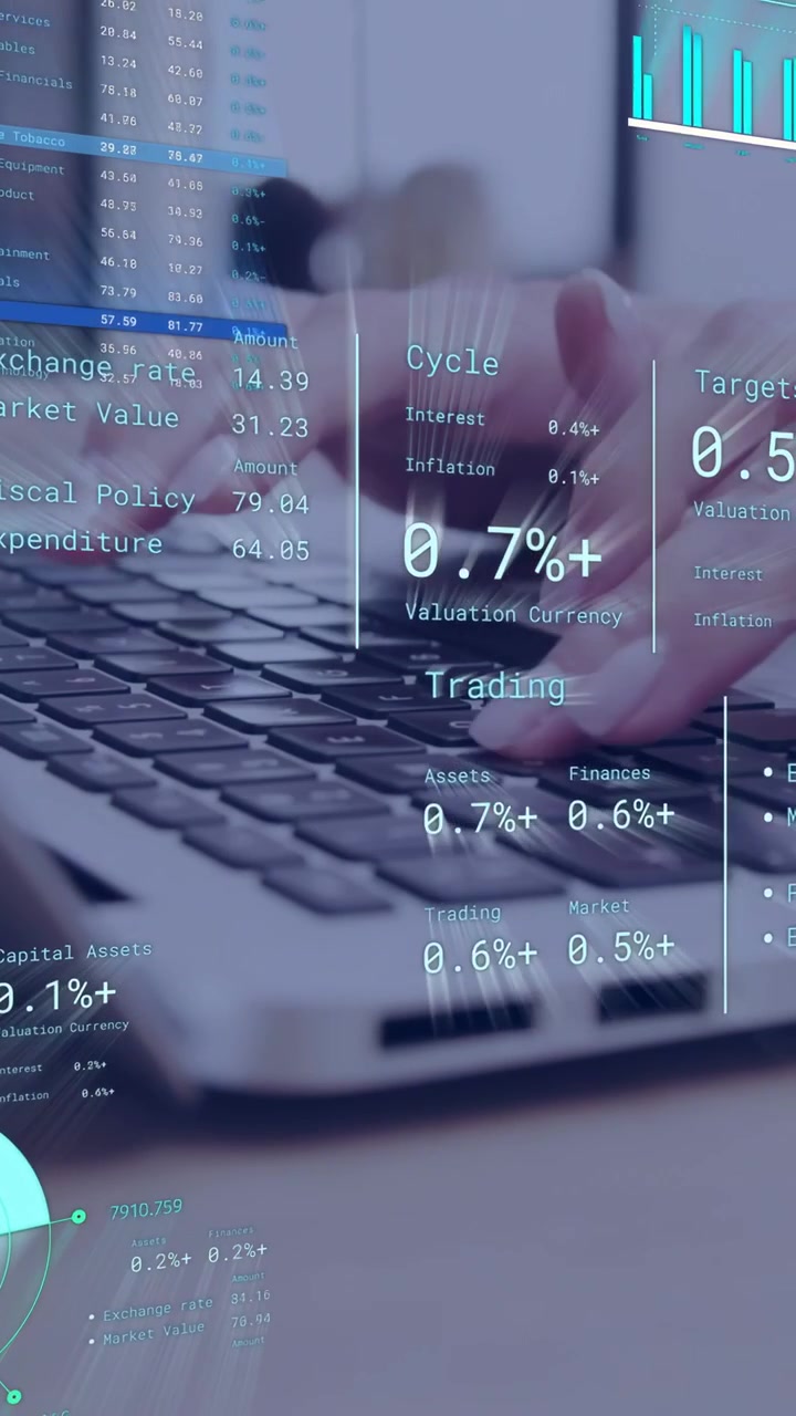 Vertikal video: Kvinne trykker på taster, første trykk aktiverer markeds-HUD som animerer diagrammer for handel