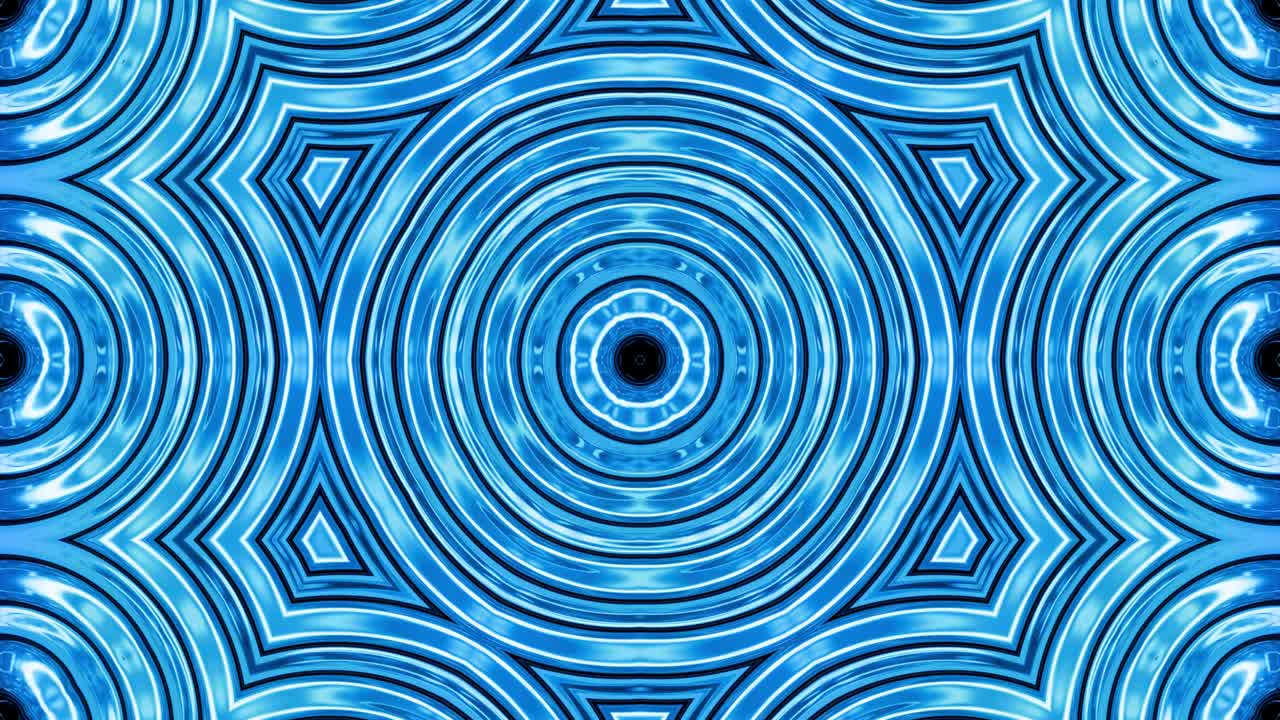 Abstract symmetric background with star symmetry. Mandala with waves. Looped abstract blue liquid background with wavy sparkling pattern, shiny glossy surface. Kaleidoscope effect