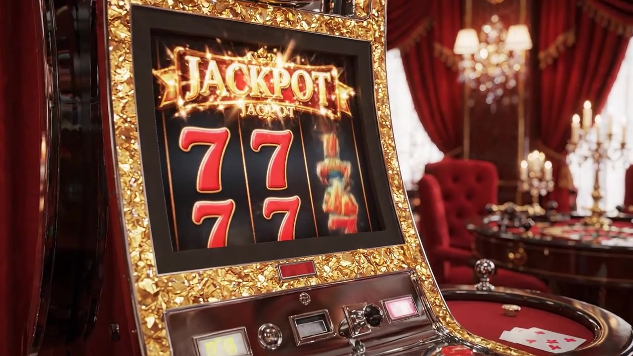 Un momento emozionante catturato: l'emozionante attesa di una grande vincita su una classica slot machine in un lussuoso ambiente di casinò con luci brillanti e glamour.