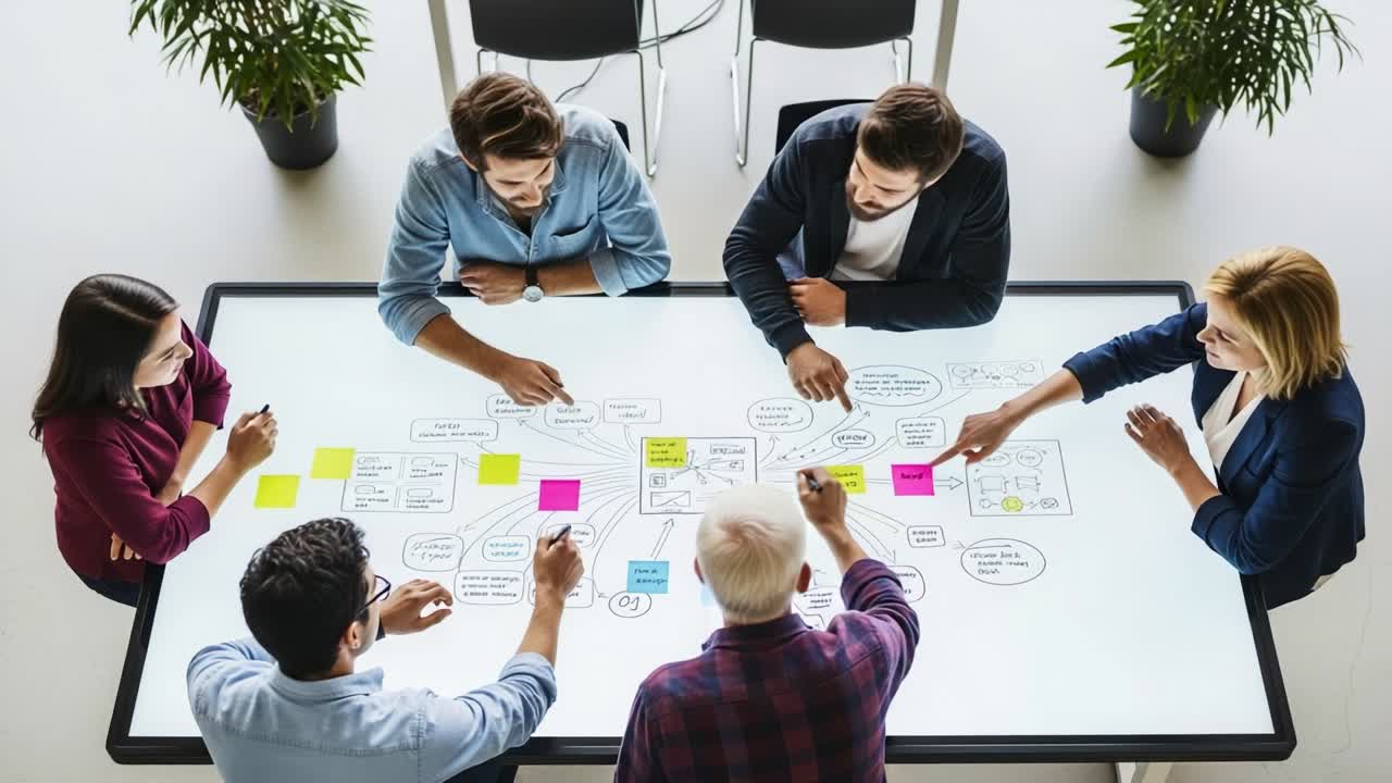 Collaborative Brainstorming Session Featuring a Diverse Team Using Sticky Notes and Digital Displays to Outline Ideas and Strategies for Project Development, Enhancing Creativity and Communication