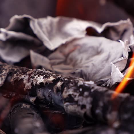 fire tongues over the smouldering logs. paper twisting in fire. embers of burnt-out wooden logs in slight flame. close-up. slow motion.