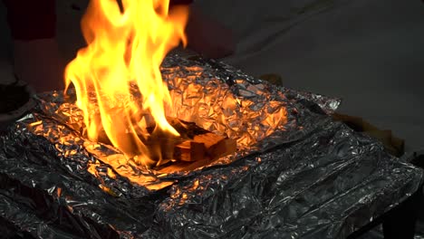 worshipper putting ghee onto flames of fire during hindu havan ceremony