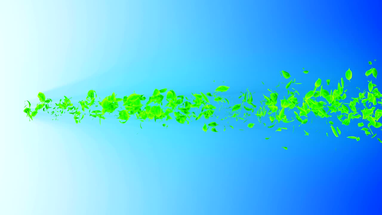 초록색 잎에서 나오는 소용돌이, 스피럴 모양의 반이는 계절 잎의 입자, 춤추는 잎, 다채로운 자연 터널 루프 애니메이션.