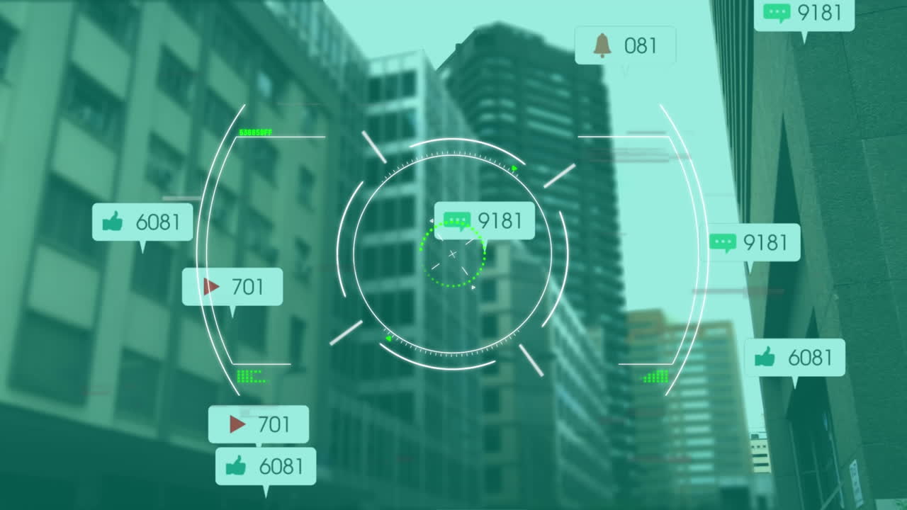 소셜 미디어 아이콘의 애니메이션과 도시 풍경의 범위 스캐닝