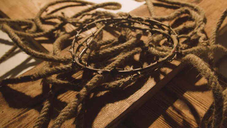 Religious Concept Shot With Crown Of Thorns Rope And Wooden Cross In Pool Of Light 2