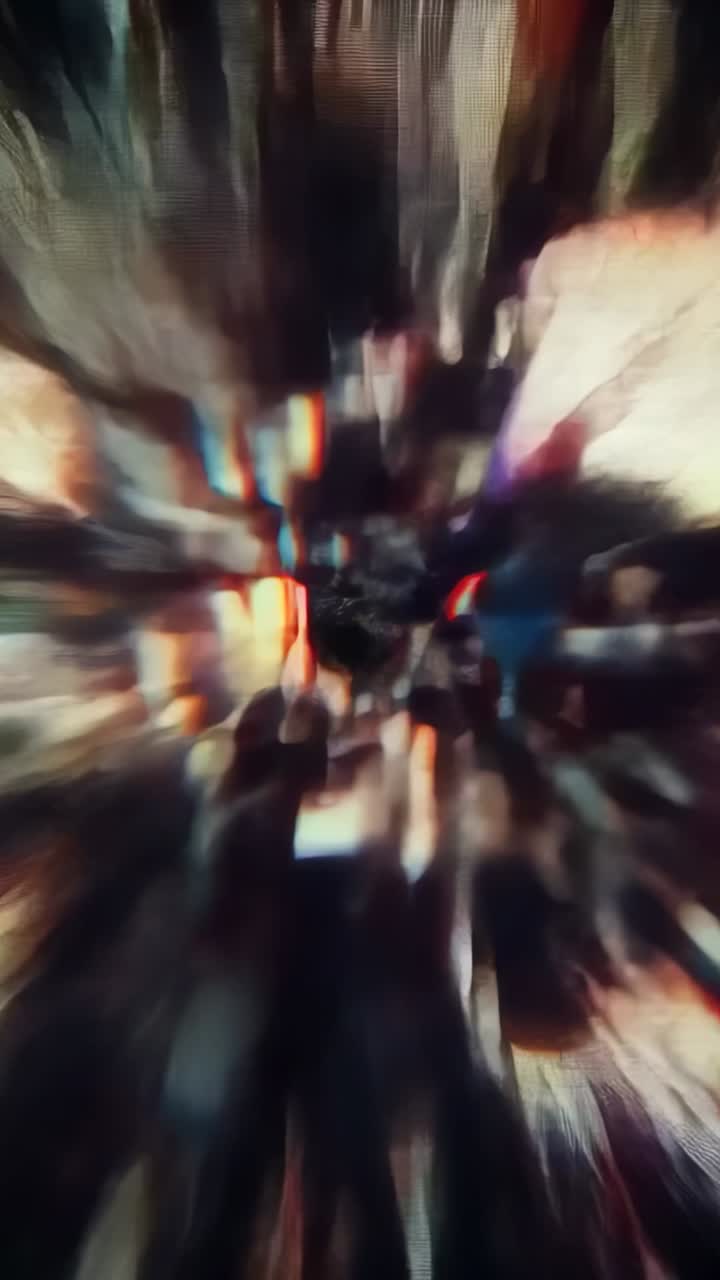 Vertical video: Forming central vortex pulling shards into dark core in tunnel, pulsing streaks