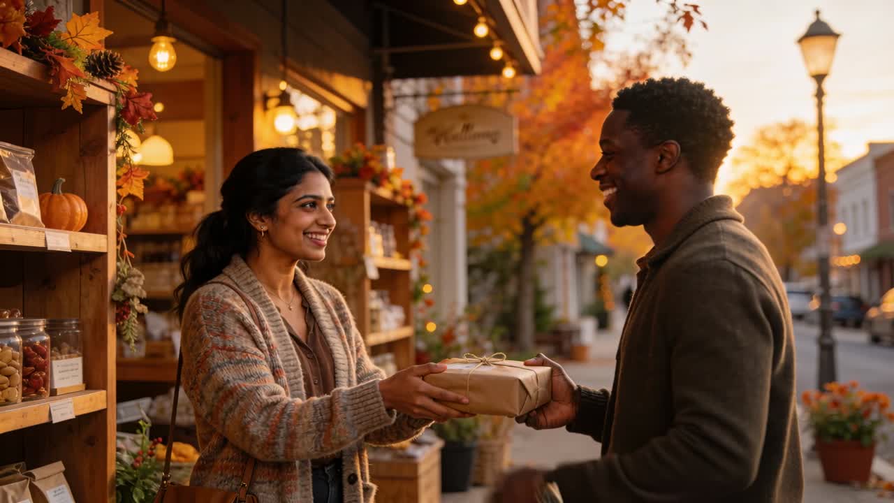 Woman offering brown parcel, man accepting parcel, retail exchange unfolding among fall decor