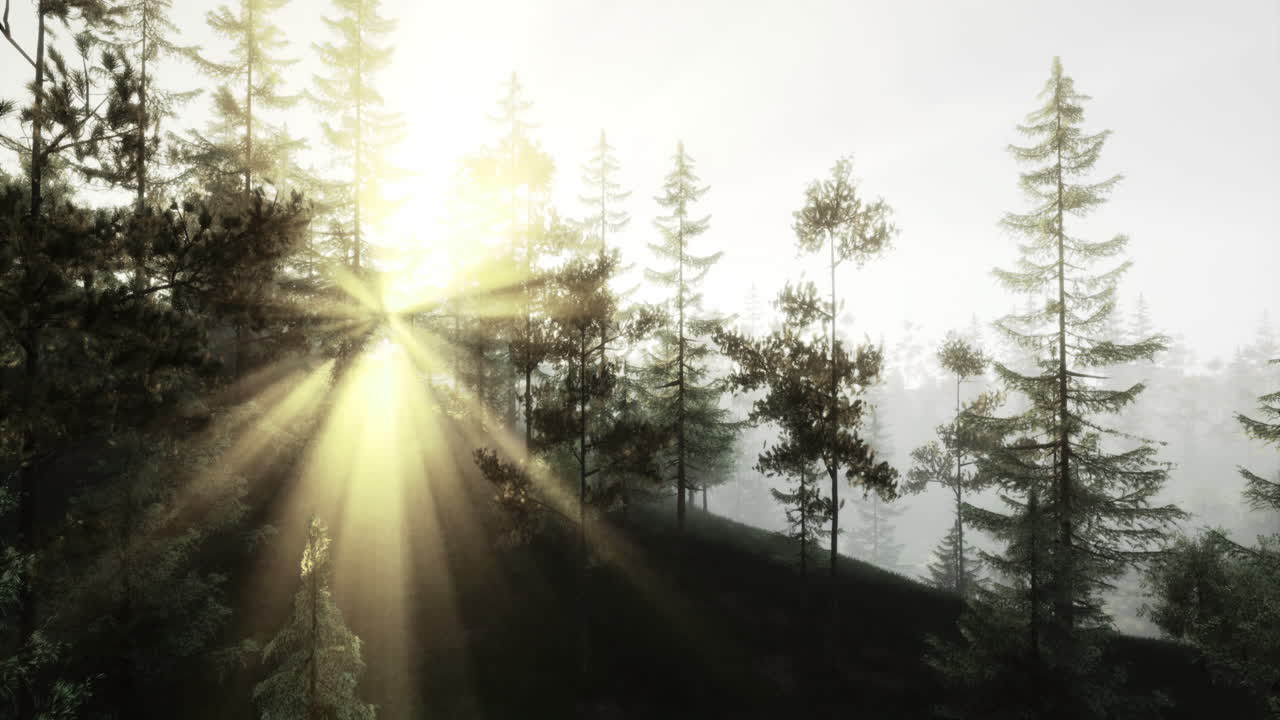 Auringonvalo siivilöityy puiden läpi tyynessä metsämaisemassa aamunkoitteessa