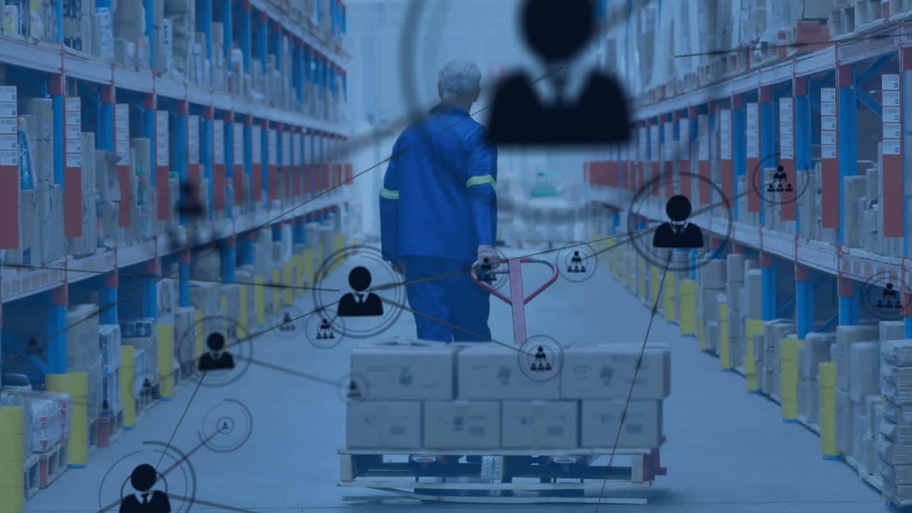 창고에서 일하는 사람 위의 아이콘과 연결 네트워크의 애니메이션