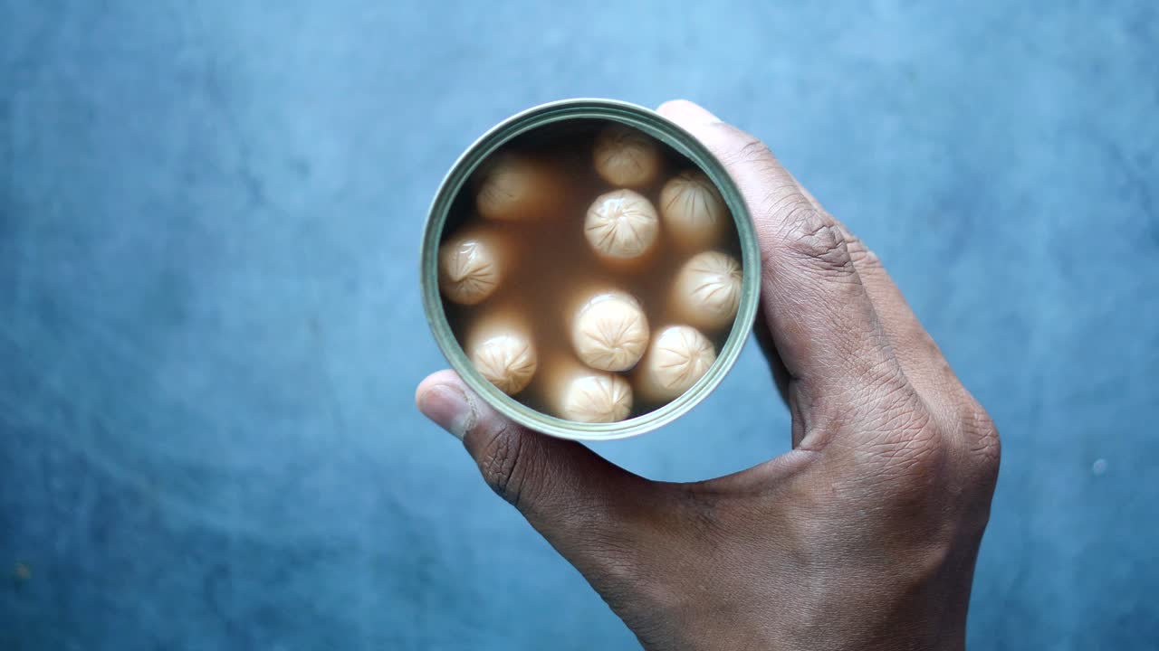 Hand holding a can of canned sausages