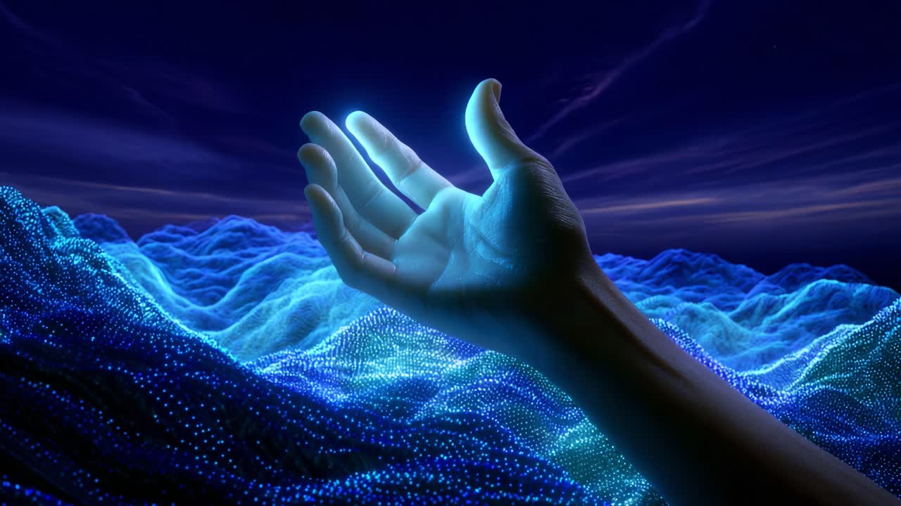 A Reaching Hand Amidst an Ethereal Landscape of Electric Waves and Glowing Particles, Symbolizing Hope, Connectivity, and the Exploration of New Realms Beyond the Conventional Understanding of Reality