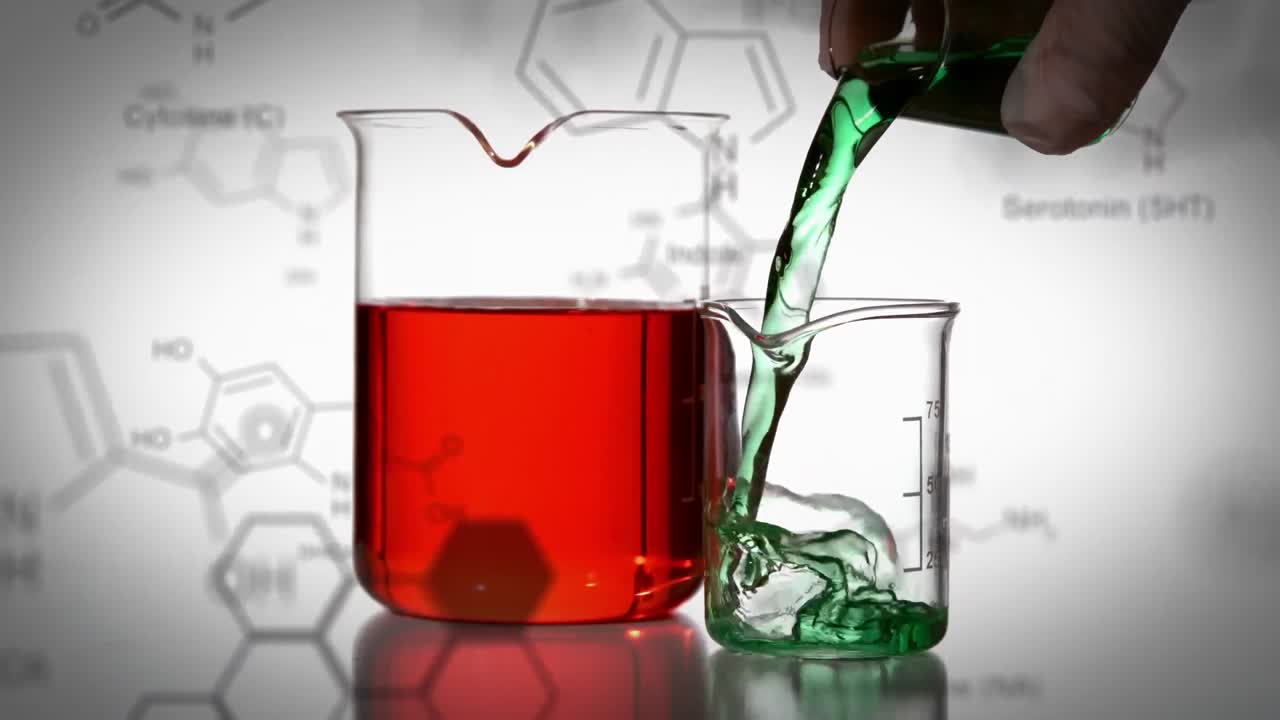Laboratory beakers with data and structural formula of chemical compounds in the foreground