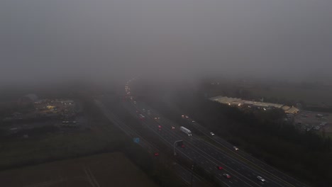 heavy fog poor visibility m11 motorway essex uk drone,aerial