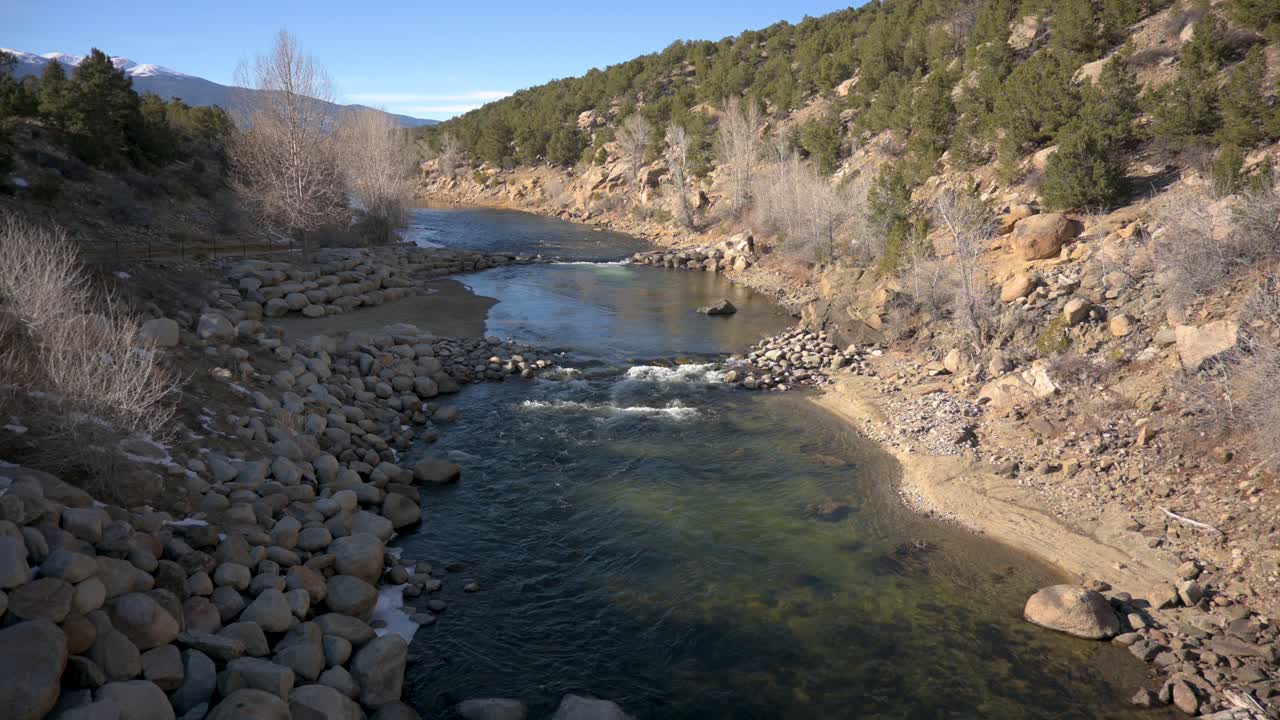 Looking down on the Buena Vista River Park in Colorado during the day with no people