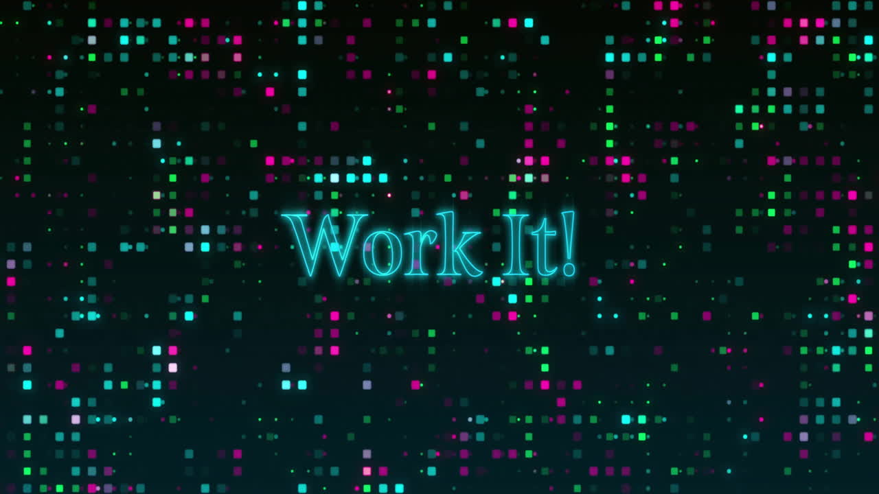 검은 바탕에 있는 다채로운 반점 위에 있는 작업 텍스트의 애니메이션