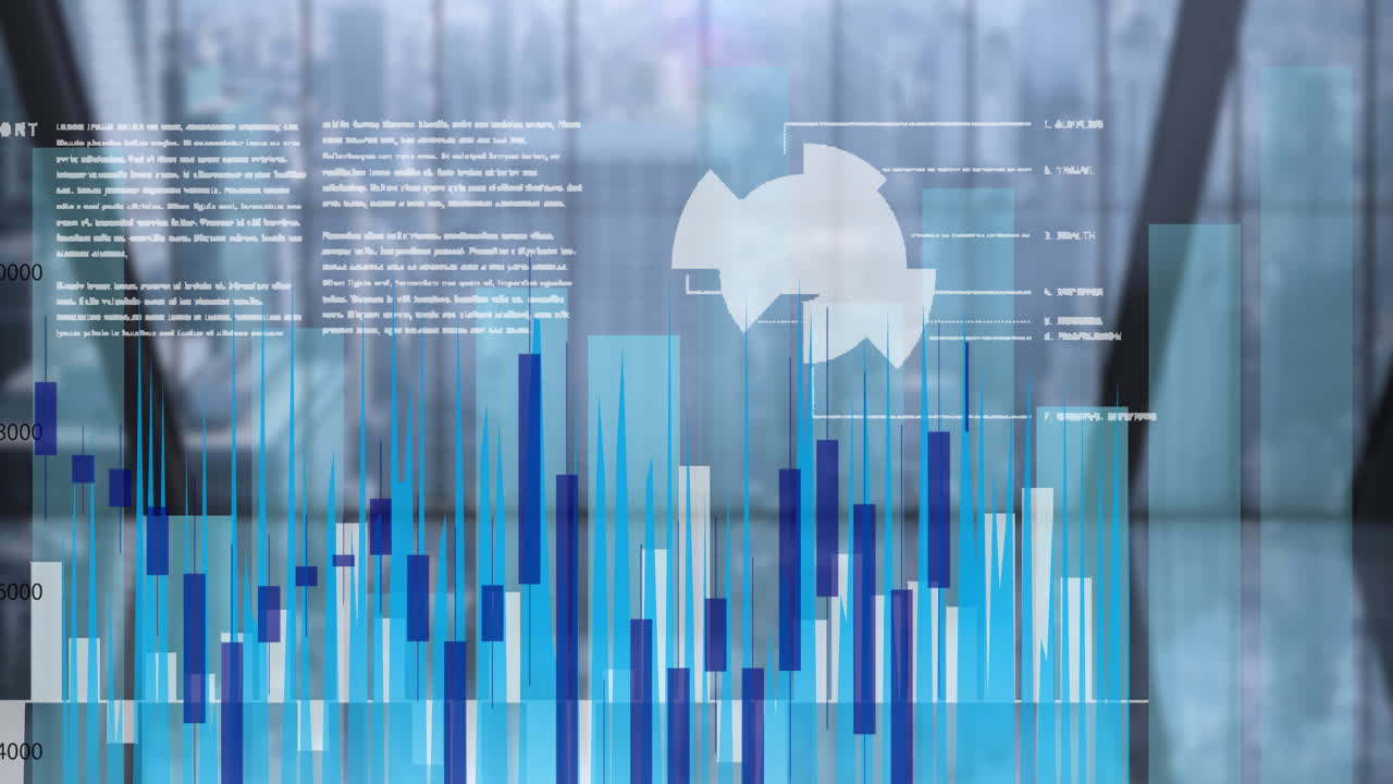 Animation of data processing and statistics recording over modern building