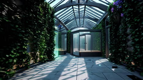 modern botanical greenhouse corridor