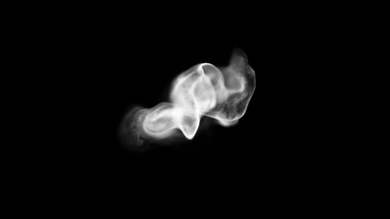 Particelle astratte di fumo bianco che si scontrano e si dissolvono su sfondo nero