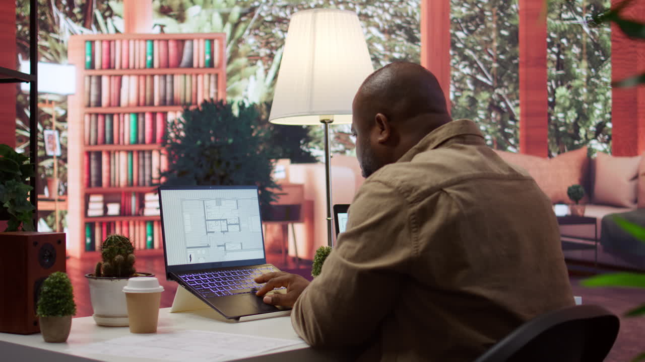 Businessman evaluating architectural blueprints for a modern office space
