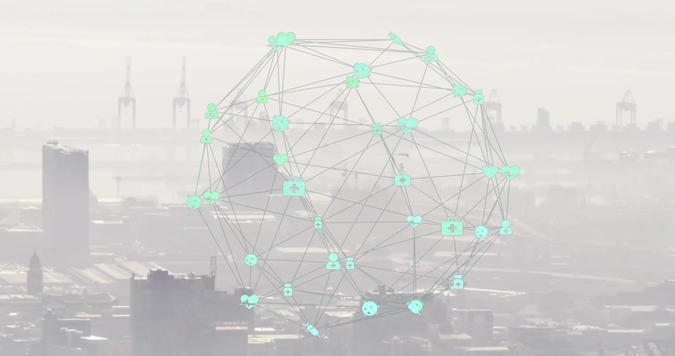 starting sphere hovering above skyline, nodes pulsing and rotating network showing data links