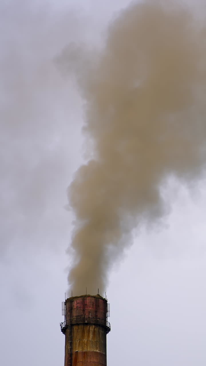 Smoking factory pipes. White smoke pours out of factory chimney in the air. Pollution, global warming concept. Aerial view video. Vertical video