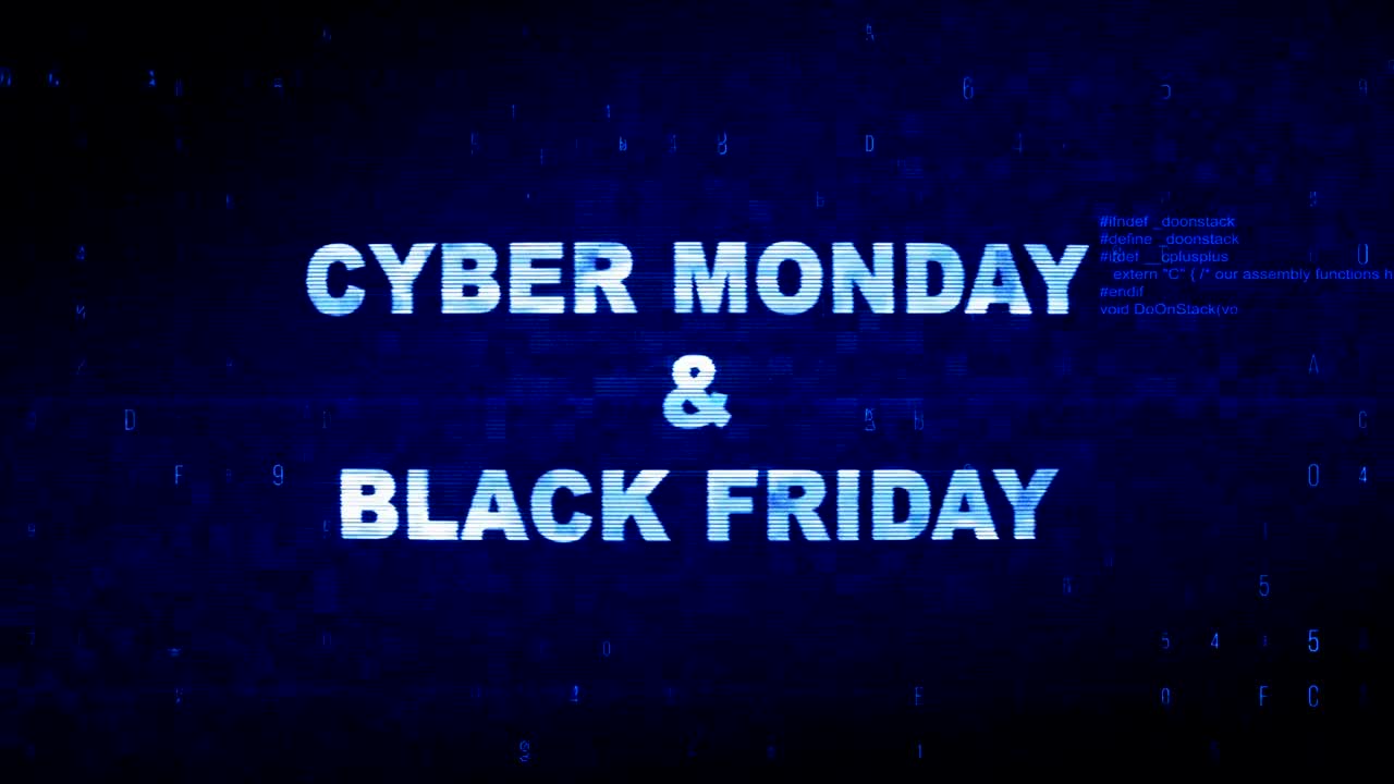 사이버 월요일과 블랙 프라이데이 텍스트 디지털 노이즈 트위치 글리치 왜곡 효과 오류 애니메이션