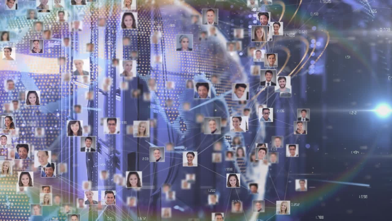 Animazione di una rete globale di ritratti di persone che ruotano sopra lo scambio di dati e server.