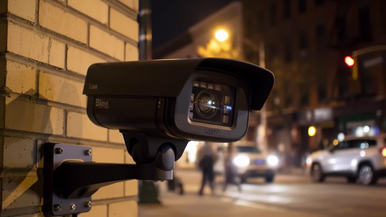 A security camera focuses on a bustling urban street at night. Cars drive by and city lights illuminate the surroundings, creating a vibrant city atmosphere.