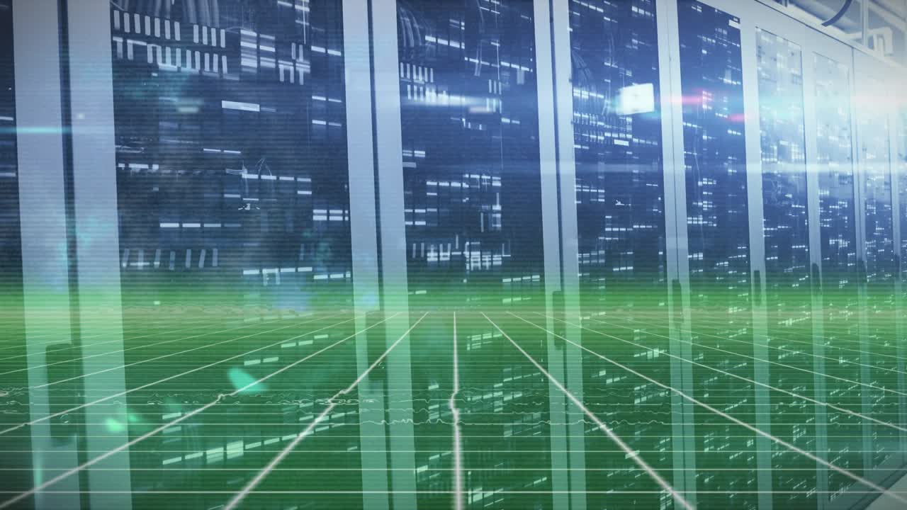 Animation of scope scanning and data processing over tech room with computer servers