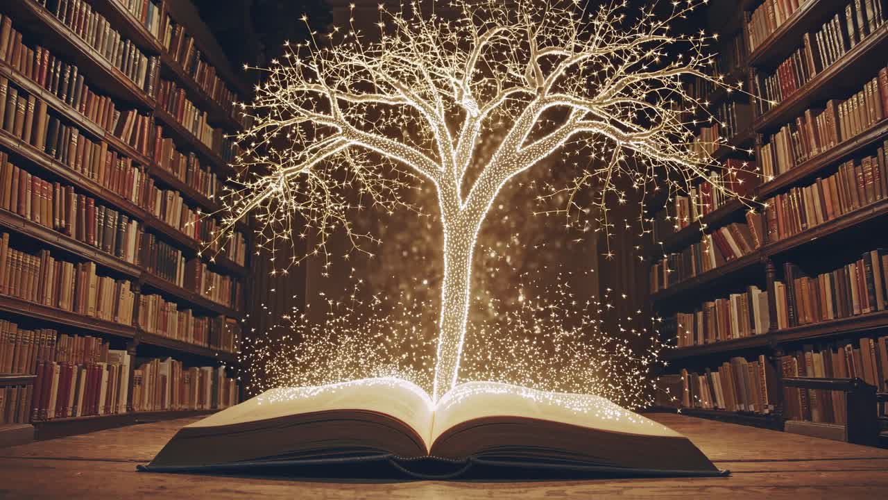 A magical book emits glowing sparks in a dim library. Captured from a low angle, this video