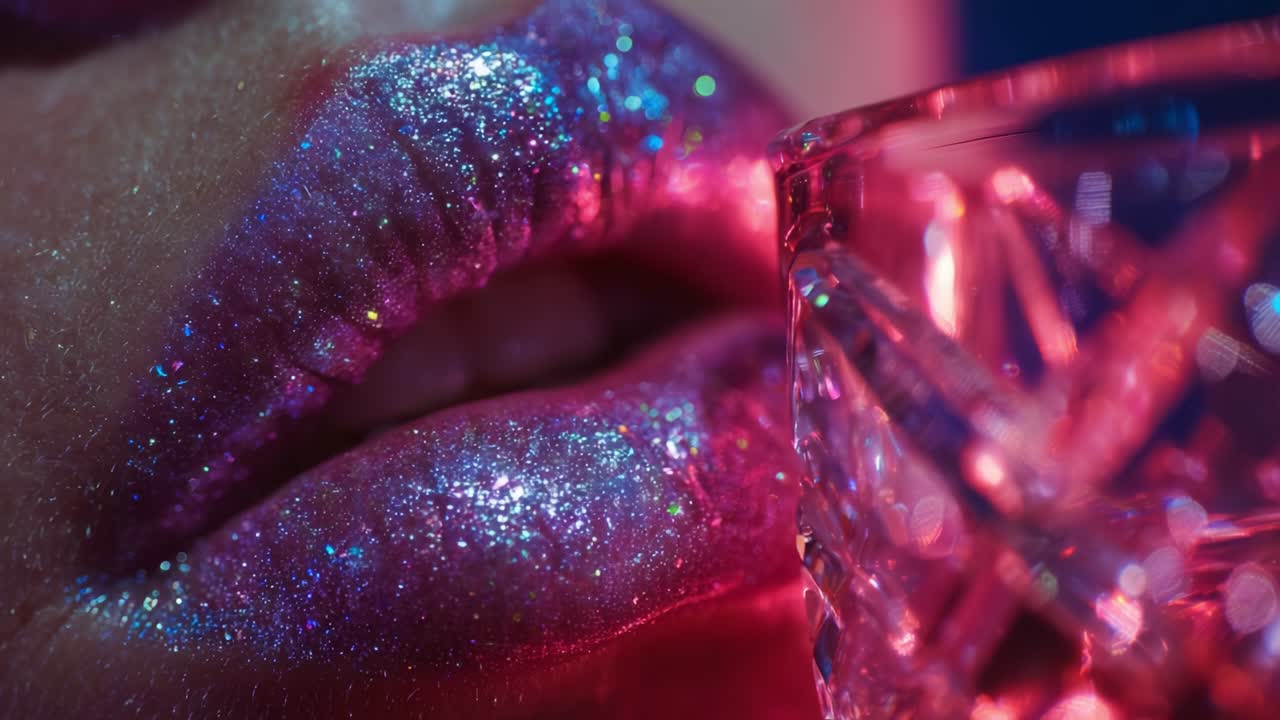A close-up of sparkling, glittery lips illuminated by vibrant colored lights, paired with a luxurious glass. The interplay of colors and textures creates a captivating visual effect, embodying glamour and beauty