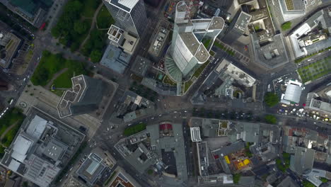 AERIAL:-Breathtaking-Overhead-Bird-View-View-of-Frankfurt-am-Main,-Germany-Skyline-in-Summer-Sunshine