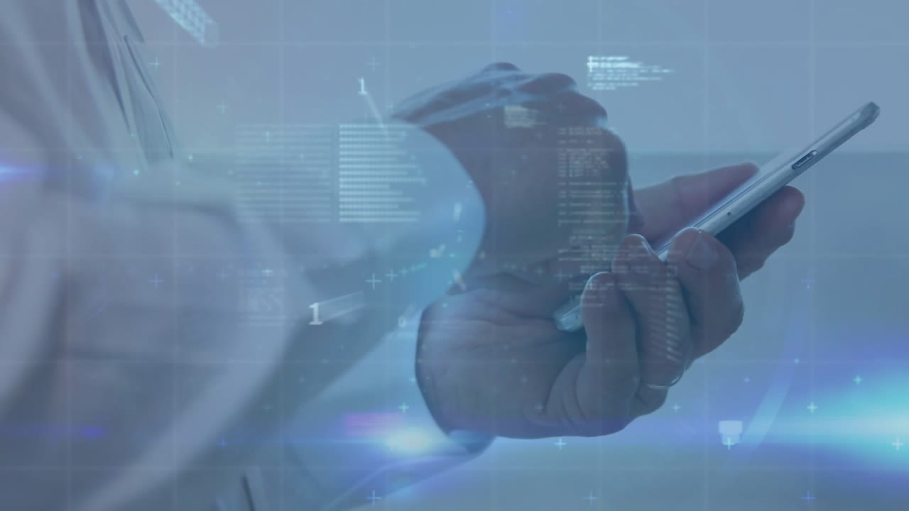 Senior man holding phone right hand tilting tapping screen causing finance graphs rising settling