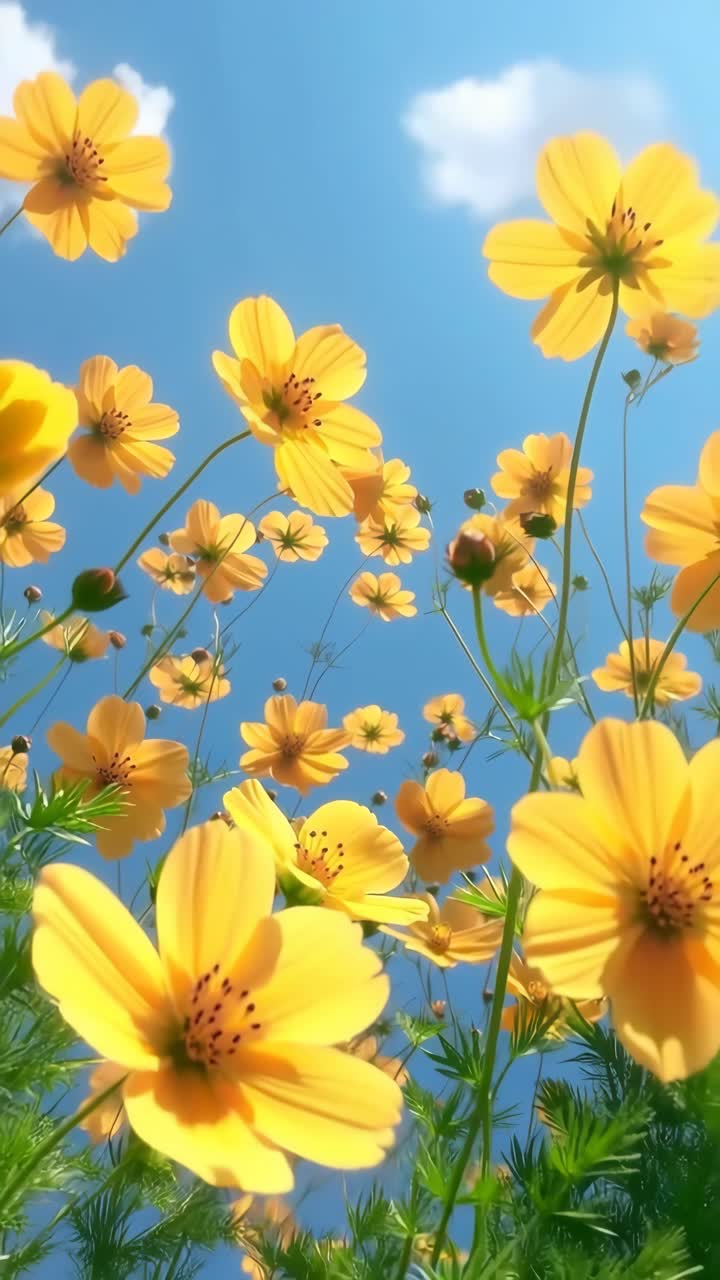 Low-angle shot of vibrant yellow flowers against a clear blue sky, creating a lively and uplifting