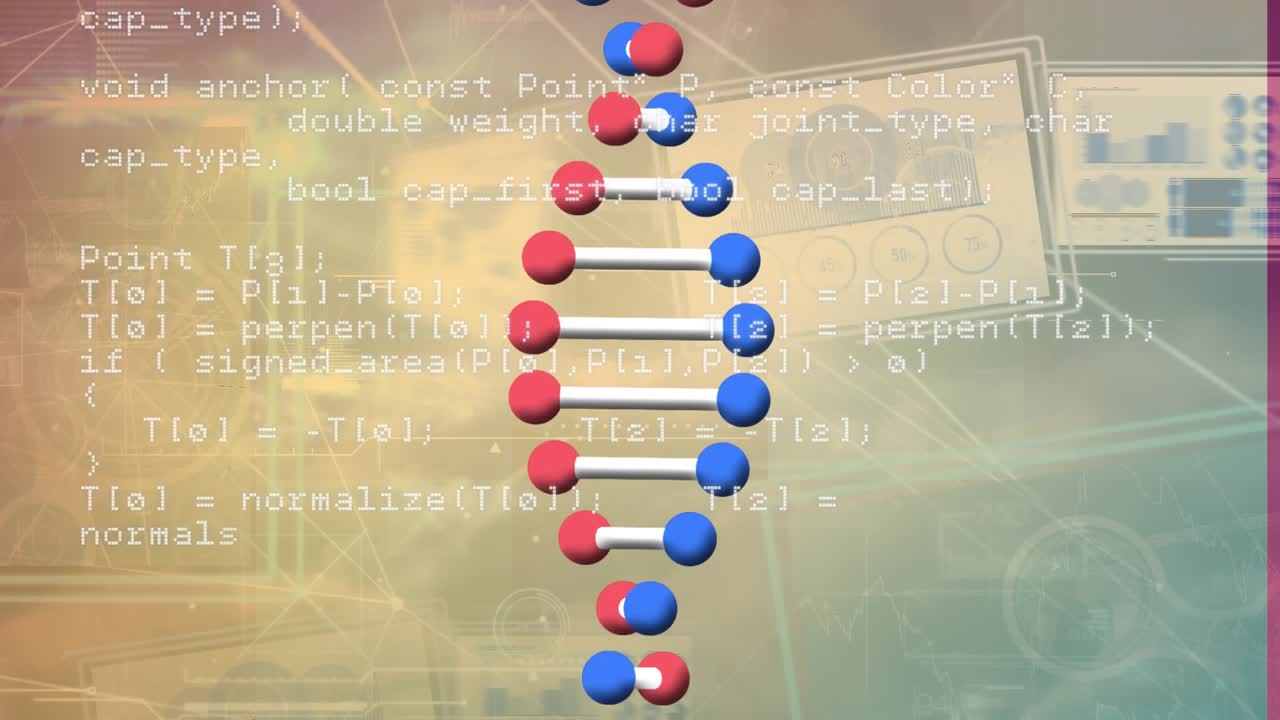 Animation of dna structure spinning over data processing against clouds in the sky