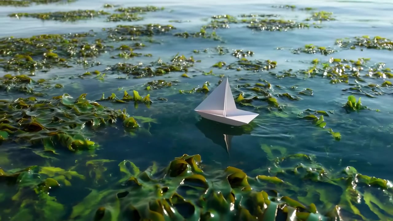 Una piccola barca a vela di carta bianca si muove tra alghe verdi in acqua bassa e trasparente, creando leggere increspature, una scia leggera e riflessi luminosi in una tranquilla luce costiera, con alghe, kelp, acqua e carta.