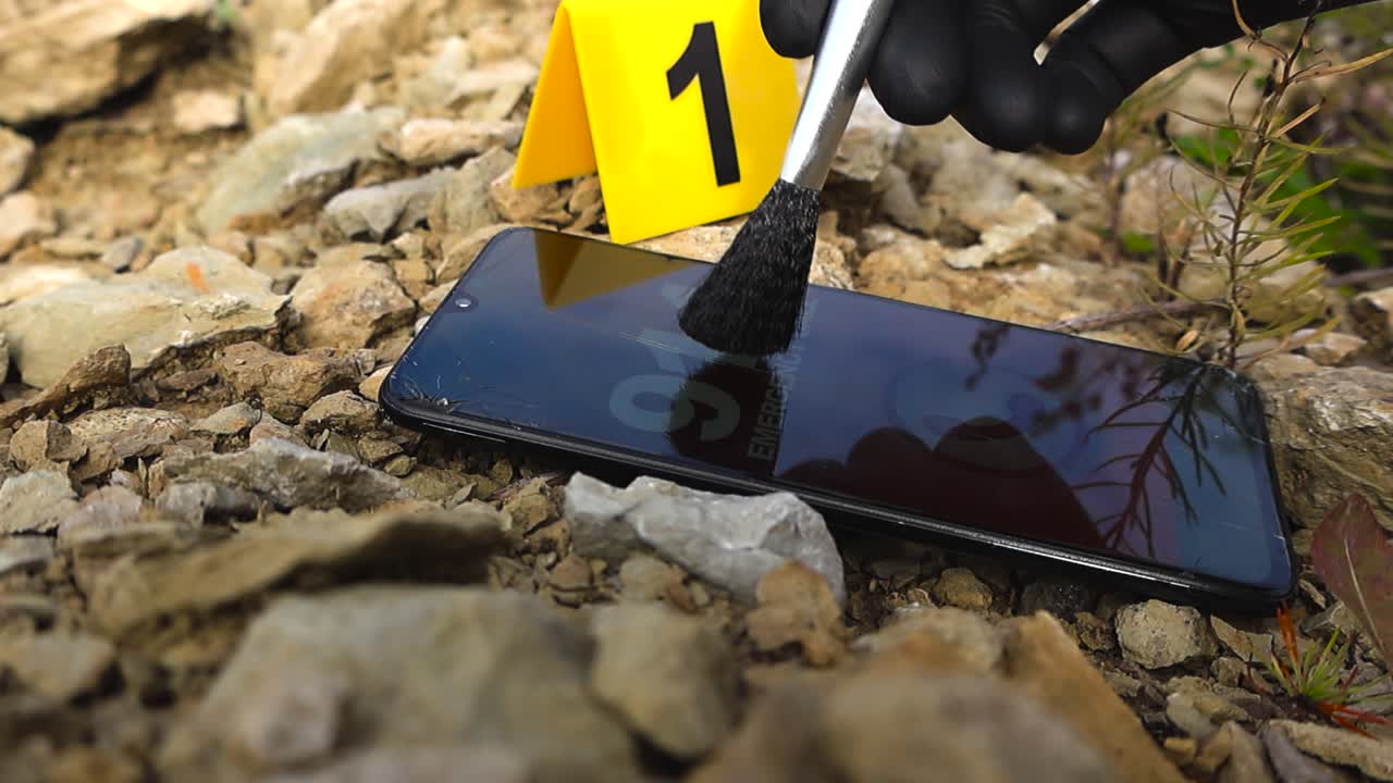 Police investigation forensic marker next to a jammed phone with broken glass and a 911 emergency call visible. Police officer dusts the phone for fingerprtins, shallow depth of field, bokeh back