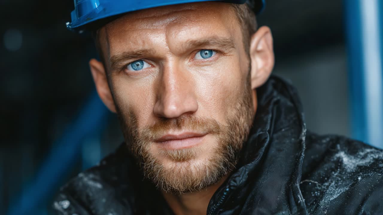 A Close-Up Portrait of a Determined Construction Worker Wearing a Blue Hard Hat, Showcasing His Intense Gaze and Rugged Facial Features Against an Industrial Background