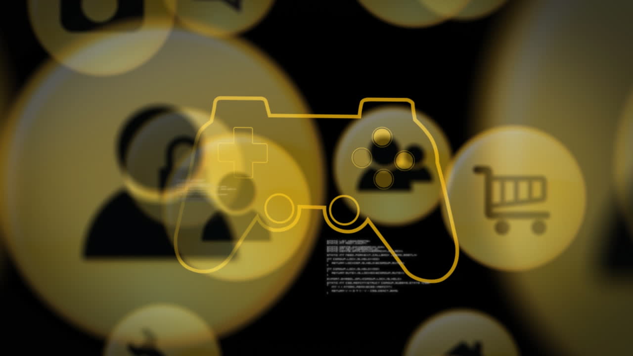 animación del procesamiento de datos y los iconos de medios sobre el icono del gamepad