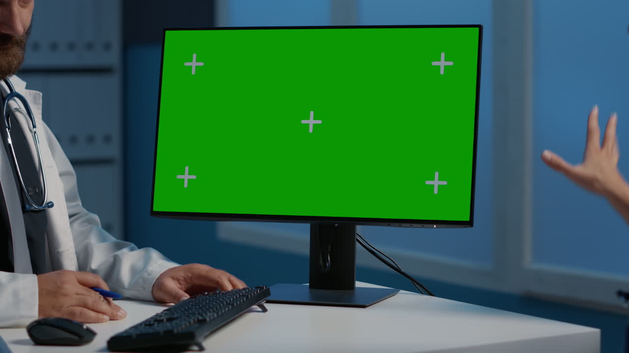 Doctors discussing medical information on a computer with a green screen