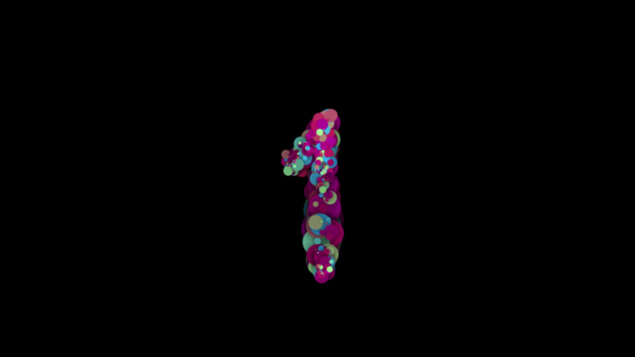 Bolle di particelle colorate che formano il numero uno su sfondo trasparente