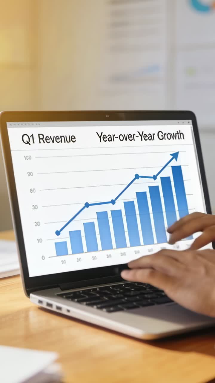 Vertical video: Entering hand in shirt cuff touching laptop, typing at desk, reviewing Q1 chart
