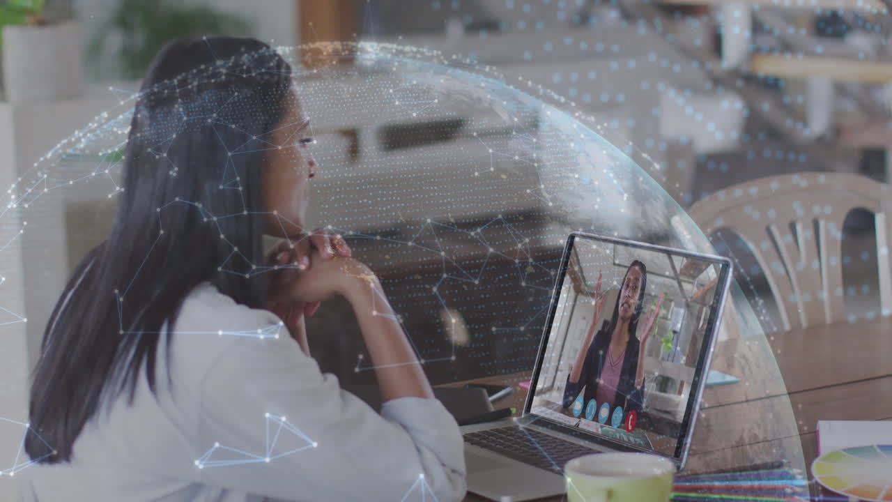 Animation of globe with network of connections over woman using laptop on video call in background