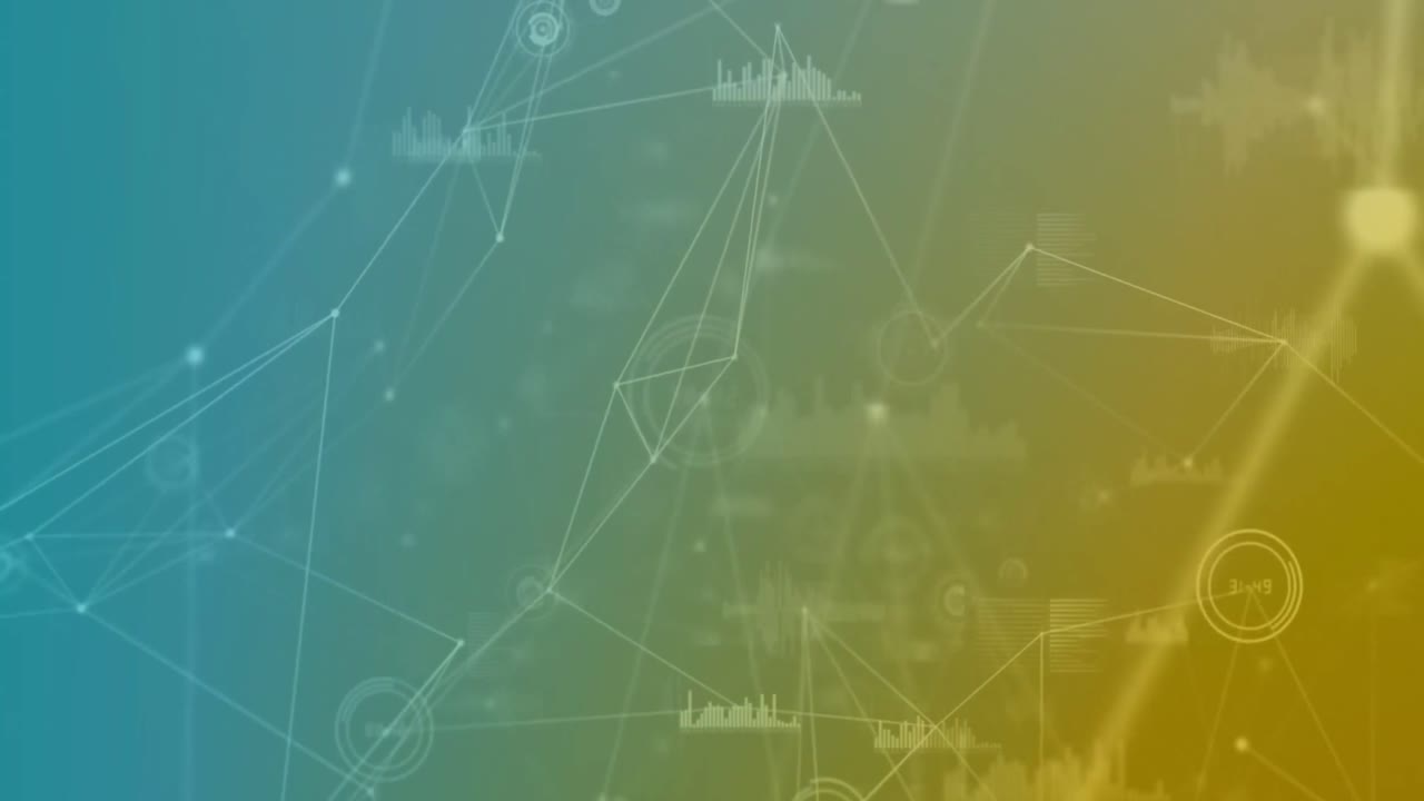 animación de puntos conectados con números cambiantes e iconos de gráficos sobre fondo de gradiente