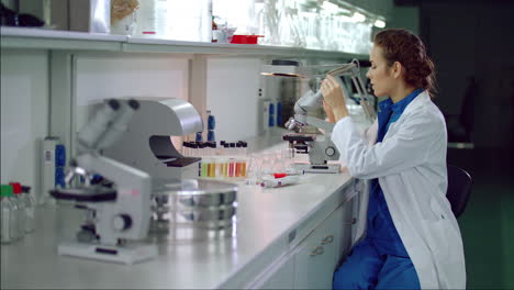 woman scientist start working with microscope. microbiologist looking microscope