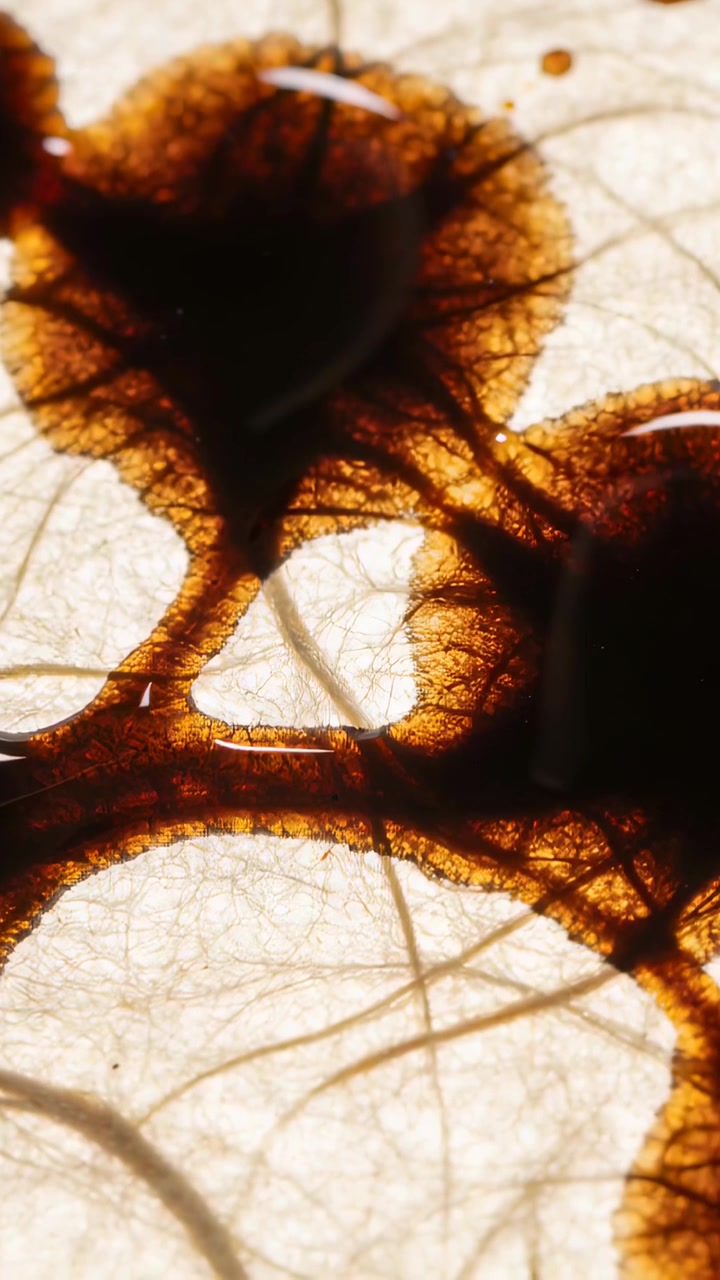 Vertical video: Wicking brown blotches spreading across backlit fibrous sheet via capillary action