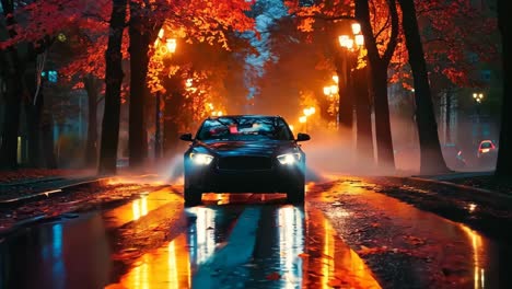 un coche conduciendo por una calle húmeda por la noche en la lluvia