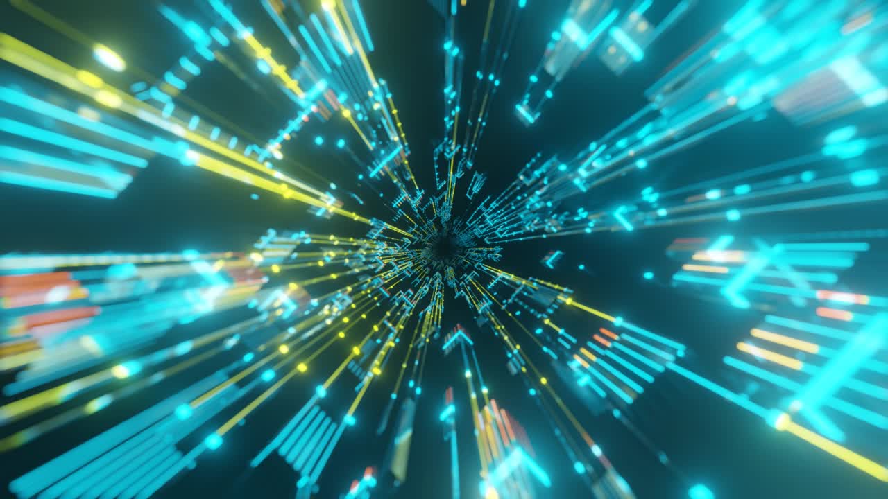 Fly through technology cyberspace with neon glow. Sci-fi flight through hi-tech technology tunnel. Hologram and neon light. 3d looped seamless 4k bright background. Data flow