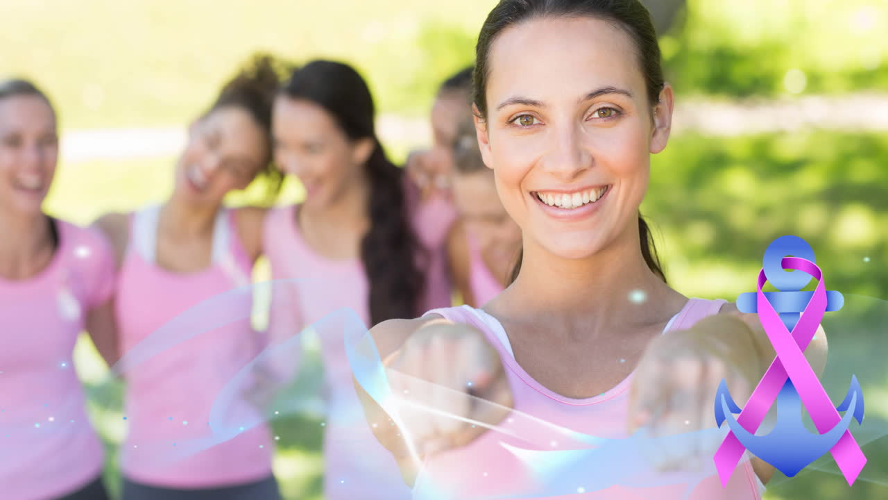 animación del logotipo del anclaje de cinta rosa y la ola azul sobre un grupo diverso de mujeres sonrientes